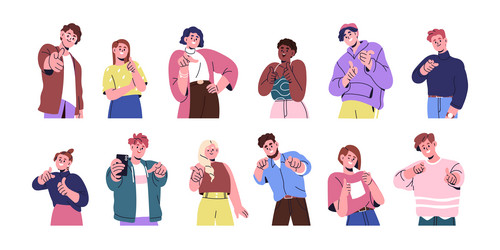 happy characters pointing at you with inviting vector image