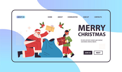 Santa claus with girl elf in costume preparing vector