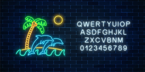 Lowing neon summer sign with palm island vector