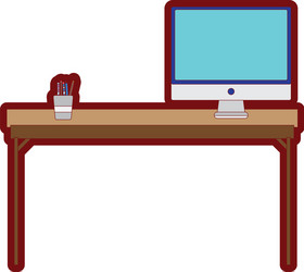 Line color wood desk object with computer screen vector