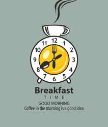 Banner for breakfast with clock tableware and cup vector