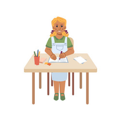 school girl sitting desk making notes in book vector