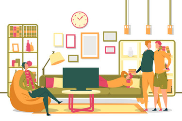 cartoon people in living room watch tv sport match vector