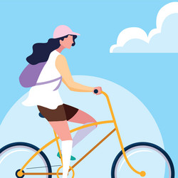 young woman riding bike with sky and clouds vector