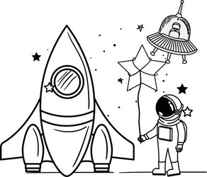 astronaut with spacesuit and rocket in white vector