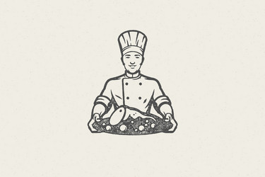 Positive male chef with mustache holding plate vector