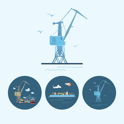 set icons with crane containership vector