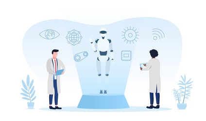 Two scientists developing a futuristic robot vector