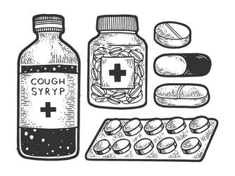 medicine drug set sketch engraving vector