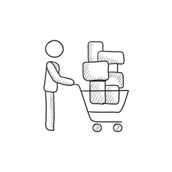 Man pushing shopping cart sketch icon vector