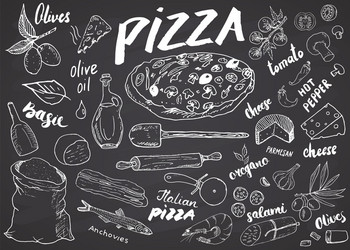 Pizza Sketch Set - Chalkboard Vector Image