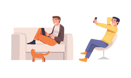 man character with digital device sitting on sofa vector