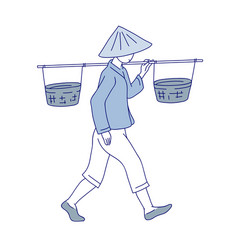 chinese farmer carries basket on his shoulder man Vector Image