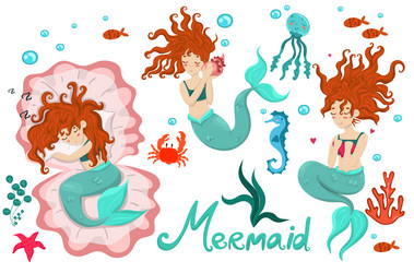 Beautiful set with mermaids in cartoon style Vector Image