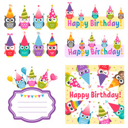 set of owls and birthday party elements Vector Image