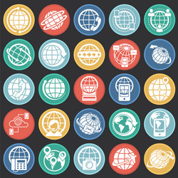 globe related icons set on color circles black vector image