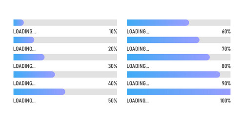 Set of blue gradient loading bar with percentage vector