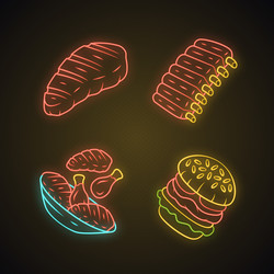 Meat dishes neon light icons set steak beef ribs vector