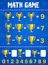 math game worksheet cartoon golden cups trophy vector