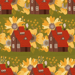 Cozy small houses among big flowers seamless vector