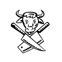 Crossed butcher knife with cow head front view vector