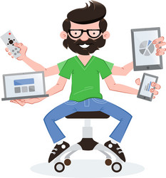 Geek guy with responsive devices vector