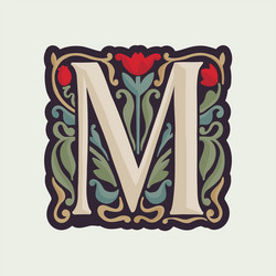 M letter illuminated initial with curve leaf vector