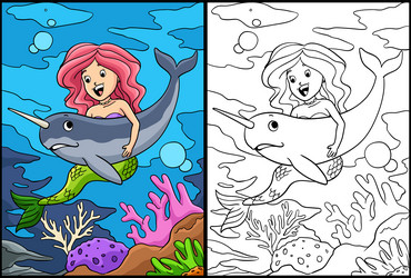 Mermaid and hugging narwhal coloring page for kids