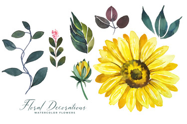 watercolor sunflower decoration leaves collection Vector Image