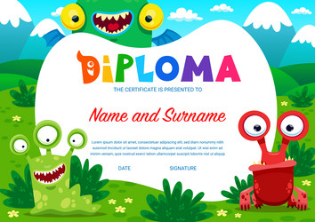 kids diploma cartoon monster characters frame vector