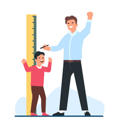 joyful father measures his sons height with pencil vector