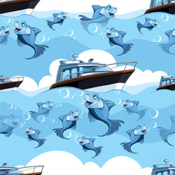 seamless pattern with blue fish and yacht vector