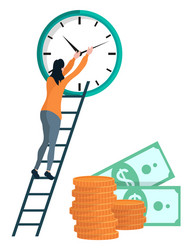 girl winds clock coins and dollars vector