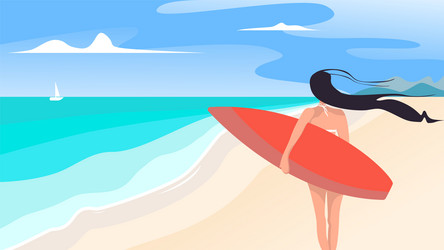 Girl with a surfboard on summer beach looks vector