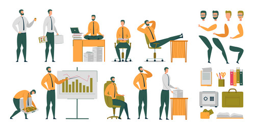 Businessman at work in office character flat set vector