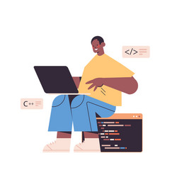 web developer using laptop creating program code vector image