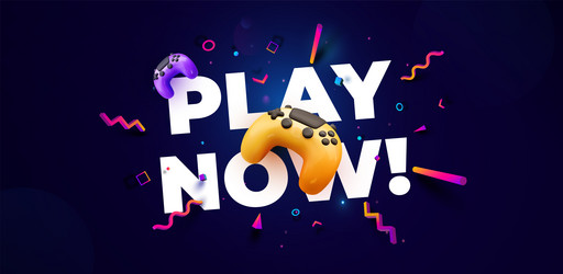 colorful game controllers with play now text vector image
