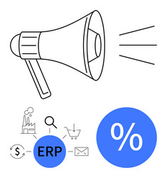 megaphone with erp and marketing elements in flat vector image