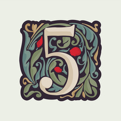 Number five illuminated initial with curve leaf vector