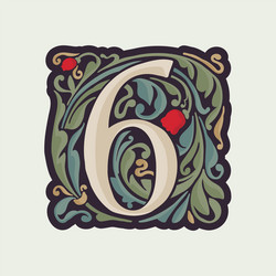 number six illuminated initial with curve leaf vector image