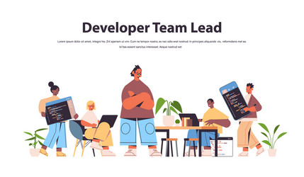 Team lead engineer with developers coding together vector