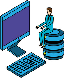 Businessman worker with computer and data center vector