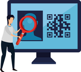 Man and computer with qr code isolated icon vector