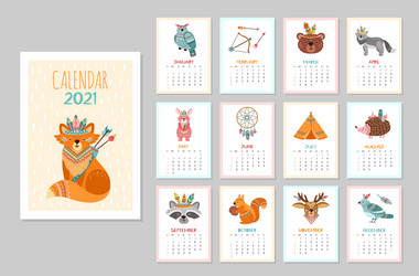 Adorable Animal Calendar 2021 Vector Image