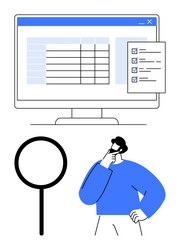 man analyzing checklist and data on computer while vector image