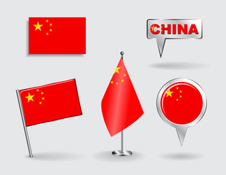 set of chinese pin icon and map pointer flags vector image