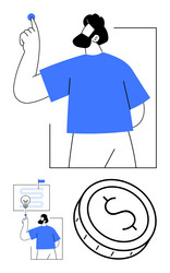man pressing a button presenting idea on board vector image