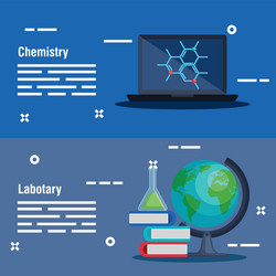 set computer with molecule and erlenmeyer flask vector image