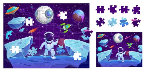 Space landscape and astronaut jigsaw puzzle game vector