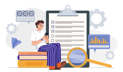 man sitting on books using phone with checklist vector image